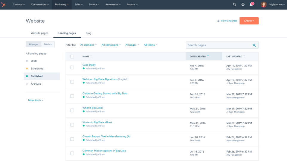screenshot of HubSpot Marketing Hub